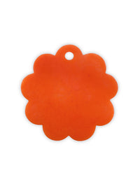 An orange, flower-shaped plastic tag with a hole near the edge, shown on white—ideal for labeling Casa Amarosas 9in Scallop Resin Cheese/Charcuterie Board in Orange.