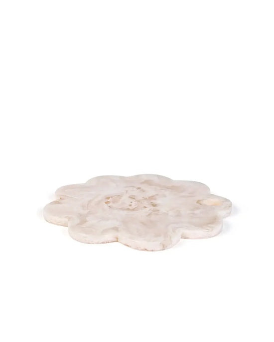 A 9in Scallop Resin Cheese/Charcuterie Board in Vanilla by Casa Amarosa is centered on a white background.