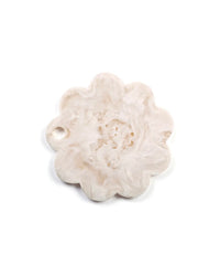 The 9in Scallop Resin Cheese/Charcuterie Board in Vanilla by Casa Amarosa features a white, flower-shaped design with a small hole near one edge, shown on a plain white background.