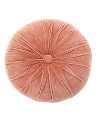 The Casa Amarosa Mini Velvet Round Pillow in Blush Pink features a central button and pleated details, crafted from cotton velvet and shown from above on a white background.