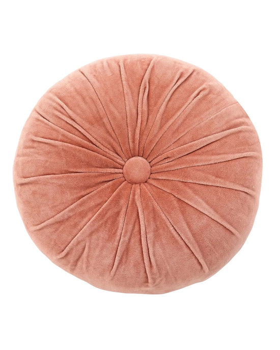 The Casa Amarosa Mini Velvet Round Pillow in Blush Pink features a central button and pleated details, crafted from cotton velvet and shown from above on a white background.