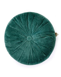 The Casa Amarosa Mini Velvet Round Pillow in Evergreen features hand-stitched, radiating pleats and a central button for a stylish decorative accent.