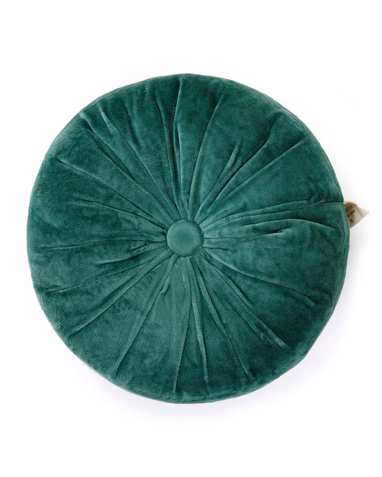The Casa Amarosa Mini Velvet Round Pillow in Evergreen features hand-stitched, radiating pleats and a central button for a stylish decorative accent.