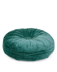 The Casa Amarosa Mini Velvet Round Pillow in Evergreen features a hand-stitched, tufted center and gathered fabric design, adding a chic accent to any space.