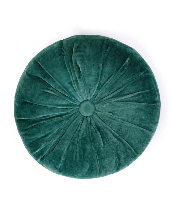 The Mini Velvet Round Pillow in Evergreen by Casa Amarosa is a hand-stitched, dark green cotton velvet cushion with a ruched radiating design and fabric-covered button—perfect for adding elegant texture to any space.