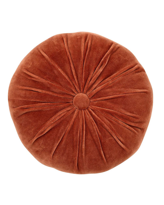The Casa Amarosa Mini Velvet Round Pillow in Rust features elegant petaled pleats radiating from a central button—a stylish decorative accent for any space.