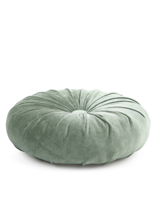 The Casa Amarosa Mini Velvet Round Pillow in Sage Green features a round, tufted design with decorative pleats and a soft, plush texture.