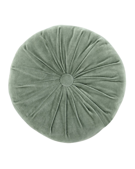 The Casa Amarosa Mini Velvet Round Pillow in Sage Green features soft cotton velvet with a central button and decorative pleats, offering a stylish, plush accent when viewed from above.