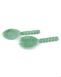 The Casa Amarosa Resin Short Salad Server Set in Green includes two handmade resin servers with rounded, beaded handles—one spoon and one fork.