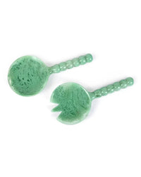 The Casa Amarosa Resin Short Salad Server Set in Green includes two handmade resin servers—a spoon and a fork—with rounded beaded handles, shown side by side on a white background.