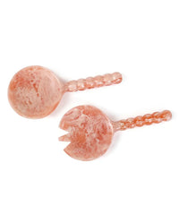 The Casa Amarosa Resin Short Salad Server Set in Pink features two handmade marbled resin servers, one spoon and one fork, each with round textured handles.