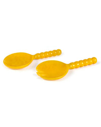 The Casa Amarosa Resin Short Salad Server Set in Yellow includes two handmade resin servers with beaded handles—a spoon and fork—shown on a white background.