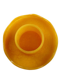 The Casa Amarosa Scallop Resin Cake Stand in Mustard is a round, yellow, two-tiered stand with a central smaller section, shown from above.