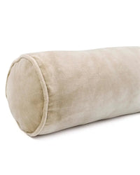 The Casa Amarosa Velvet Bolster Pillow in Biscotti features a soft cotton velvet cover and a cylindrical design, shown on a white background—an elegant, stylish decorative accent for any room.