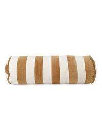 The Casa Amarosa Velvet Stripe Bolster Pillow in Clay & Off White features wide alternating stripes and soft cotton velvet—stylish and perfect for home décor. Shown side view against a white background.