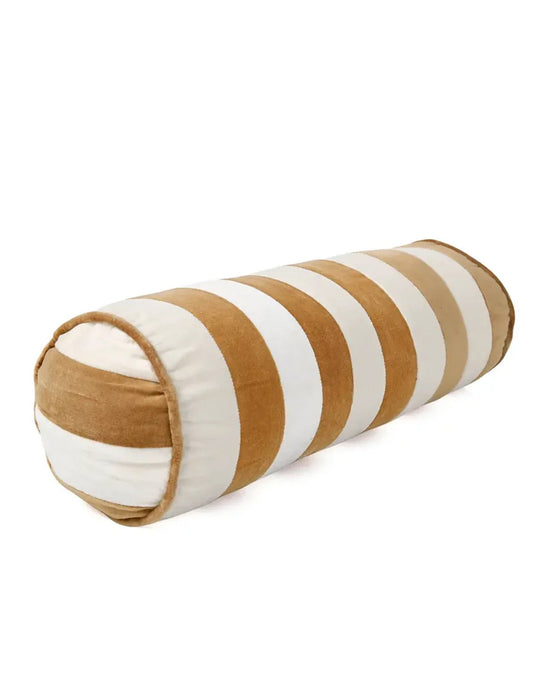 The Velvet Stripe Bolster Pillow in Clay & Off White by Casa Amarosa is crafted from soft cotton velvet, perfect for adding an elegant touch to your home décor.
