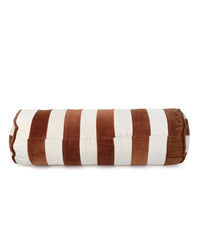 The Casa Amarosa Velvet Stripe Bolster Pillow in Rust & Off White features horizontal stripes on soft cotton velvet, bringing a touch of luxe home décor to any space.