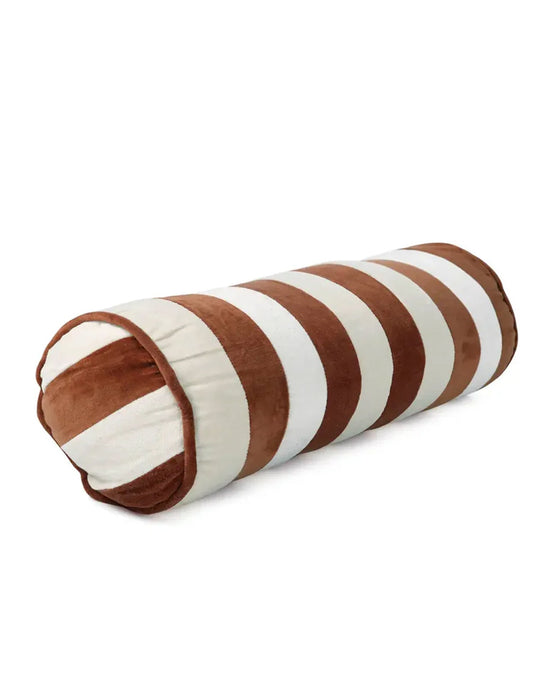 The Velvet Stripe Bolster Pillow in Rust & Off White by Casa Amarosa features soft cotton velvet with alternating stripes, adding a luxe décor touch to any space. Shown on a plain white background.