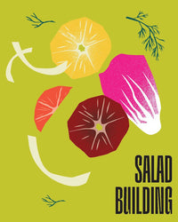 An illustration of sliced yellow and red tomatoes, radicchio leaf, onion rings, and dill sprigs on green, with Salad Building in black—ideal for Epic Salads by Chronicle Books, a vegetarian cookbook.