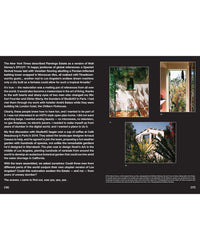A magazine spread features text and photos from Flamingo Estate: The Guide to Becoming Alive by Chronicle Books, highlighting Mediterranean-style arches, lush plants, a vibrant door, and wellness details throughout the retreat.