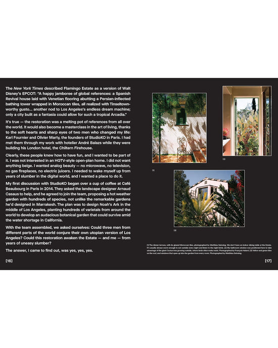 A magazine spread features text and photos from Flamingo Estate: The Guide to Becoming Alive by Chronicle Books, highlighting Mediterranean-style arches, lush plants, a vibrant door, and wellness details throughout the retreat.