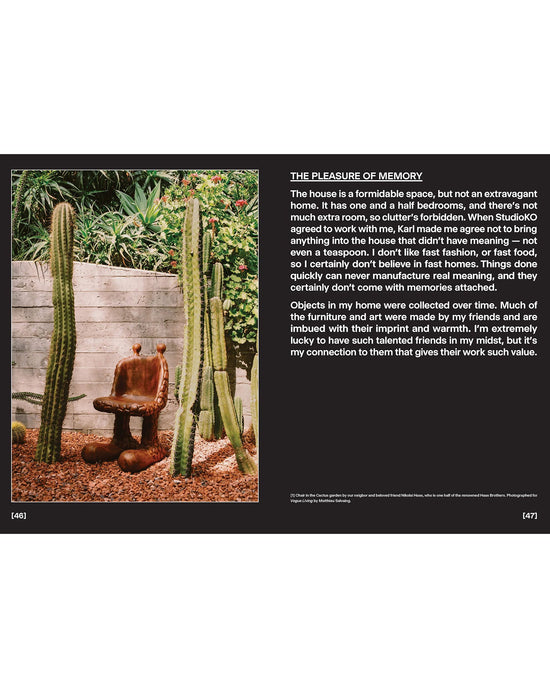 A wooden chair sits outdoors by tall cacti and lush plants, radiating natural wellness. Beside the image is text about memory and decor, inspired by Flamingo Estate: The Guide to Becoming Alive from Chronicle Books.