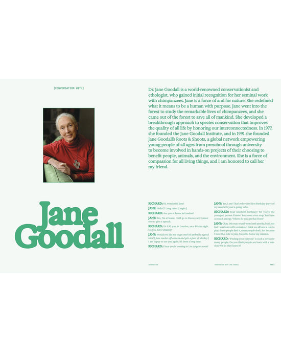 A portrait of Dr. Jane Goodall sits above a biography of her conservation work, embodying the spirit of nature-inspired wellness. Flamingo Estate: The Guide to Becoming Alive by Chronicle Books appears in bold green text.