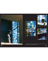 A shirtless figure stands by a blue mosaic window—close-ups spotlight water in a hand, a faucet, and mosaic tiles, evoking moments of wellness inspired by Chronicle Books’ Flamingo Estate: The Guide to Becoming Alive.