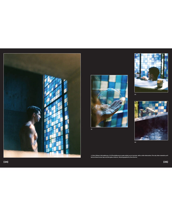 A shirtless figure stands by a blue mosaic window—close-ups spotlight water in a hand, a faucet, and mosaic tiles, evoking moments of wellness inspired by Chronicle Books’ Flamingo Estate: The Guide to Becoming Alive.