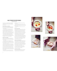 Pasta Grannies: The Official Cookbook by Chronicle Books features step-by-step instructions and images for making traditional egg pasta dough, from mixing ingredients to kneading on a wooden surface.