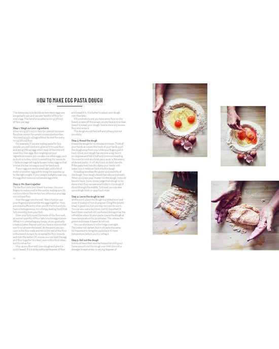 Pasta Grannies: The Official Cookbook by Chronicle Books features step-by-step instructions and images for making traditional egg pasta dough, from mixing ingredients to kneading on a wooden surface.