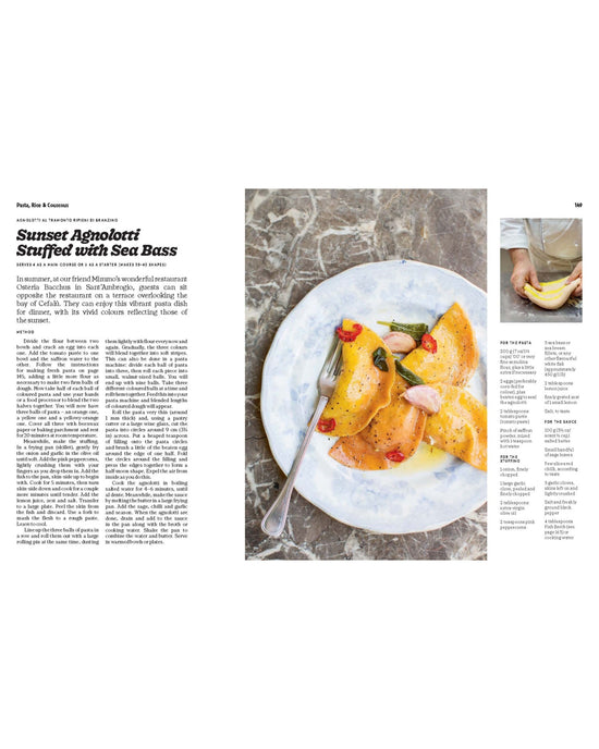 On a plate are three yellow sea bass-stuffed agnolotti with sauce and herbs beside a fork; an inset shows hands shaping agnolotti, echoing classic Sicilian dishes from Chronicle Books Recipes from Sicily.