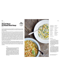 A page from Recipes from Sicily by Chronicle Books shows photos and recipes for broad bean and fennel seed soup, plus creamy greens soup in white bowls—perfect to pair with classic Italian desserts.