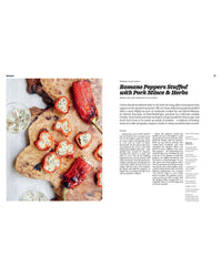 Overhead view of sliced romano peppers stuffed with pork mince and herbs on a wooden board, next to a page from Recipes from Sicily by Chronicle Books showing ingredients and instructions.
