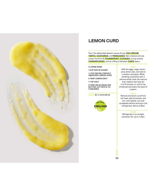 Two smears of yellow lemon curd on white, next to a Saucy recipe from Chronicle Books, with clear instructions and ingredient list on a light gray panel—ideal inspiration for easy everyday cooking sauces.