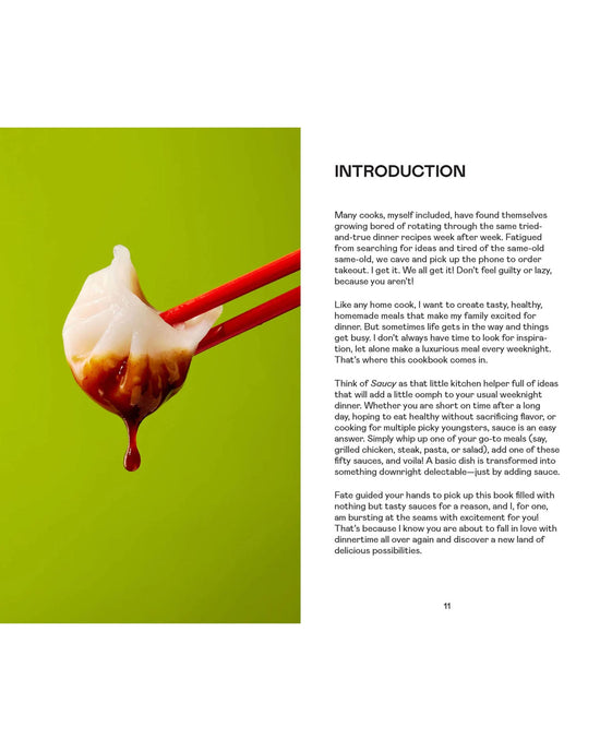 A pair of red chopsticks holds a dumpling over green with a drop of sauce beneath—ideal for easy sauce lovers. Saucy by Chronicle Books is introduced with text on the right side of the image.