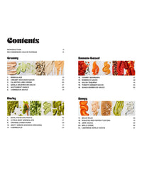 The Saucy table of contents by Chronicle Books highlights easy sauces for everyday cooking—Creamy, Tomato-Based, Herby, and Tangy—with recipes, page numbers, and vivid sauce photos.
