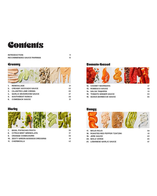 The Saucy table of contents by Chronicle Books highlights easy sauces for everyday cooking—Creamy, Tomato-Based, Herby, and Tangy—with recipes, page numbers, and vivid sauce photos.