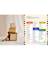 On the left, bread, cheese, an egg, and garlic are stacked; on the right is a colorful checklist inspired by sustainable cooking and coastal recipes from Chronicle Books Sea Lovers Cookbook.