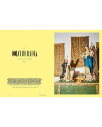 A yellow printed page titled Sicily, My Sweet by Chronicle Books appears on the left, with a photo of a nativity scene sculpture on the right, capturing the charm of traditional Sicilian pastries.