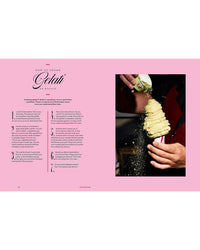 A person scoops layers of gelato into a cone, dusted with powdered topping; step-by-step gelato ordering tips from Chronicle Books Sicily, My Sweet are printed on the left against a pink background.