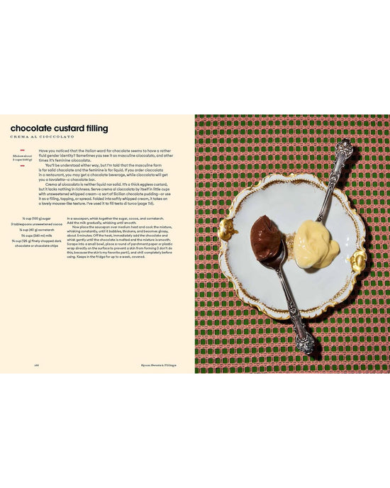 A decorative plate with chocolate and vanilla custard from *Sicily, My Sweet* by Chronicle Books sits on a red-green netted tablecloth, with a recipe excerpt from the cookbook shown on the left.