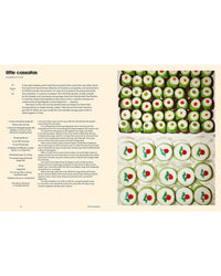 A recipe page from Sicily, My Sweet by Chronicle Books features classic Sicilian mini cassata instructions and ingredients on the left, with two photos of candied fruit–topped cakes on the right.