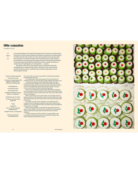 A recipe page from Sicily, My Sweet by Chronicle Books features classic Sicilian mini cassata instructions and ingredients on the left, with two photos of candied fruit–topped cakes on the right.