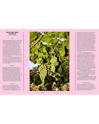 Clusters of green grapes with large leaves appear on a pink background alongside text about dried fruits, nuts, and seeds—an inspiring touch for Sicily, My Sweet from Chronicle Books, perfect for Sicilian desserts and treats.