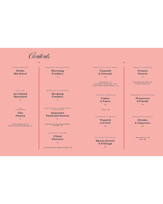 The table of contents from Sicily, My Sweet by Chronicle Books features sections like Morning Cookies, Cannoli & Friends, Yeasted & Fried, Spoon Sweets & Fillings, Preserves & Candy, and Drinks to showcase authentic Sicilian desserts.