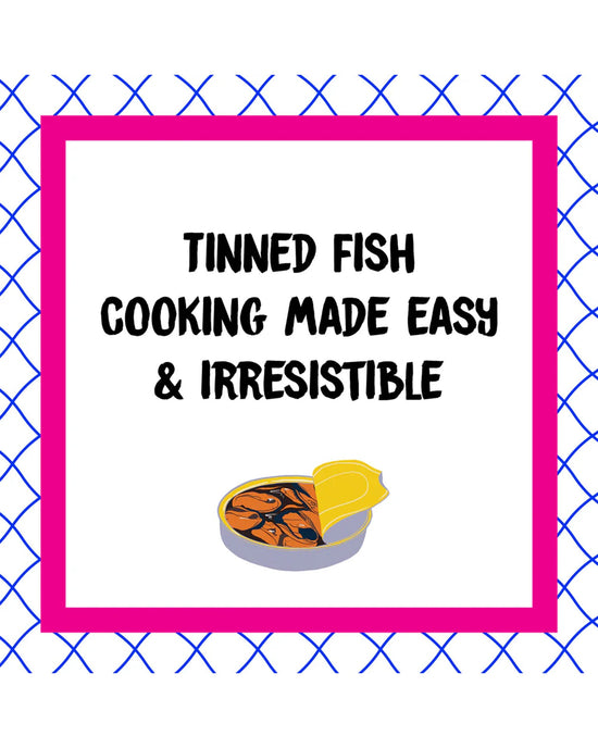 A graphic featuring Tin to Table by Chronicle Books, with text: Tinned fish cooking made easy & irresistible, and an open tin illustration—ideal inspiration for tinned seafood cookbook lovers.