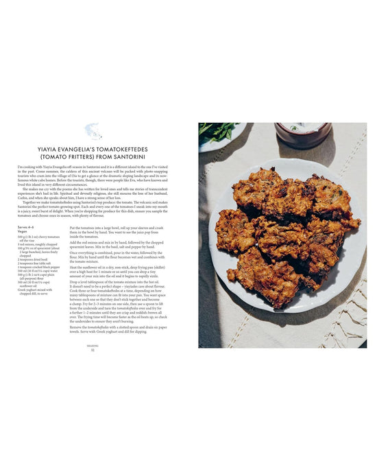 A plate of golden-brown tomato fritters rests on a white cloth, with a Santorini tomato fritters recipe from Yiayia by Chronicle Books printed on the left side of the image.
