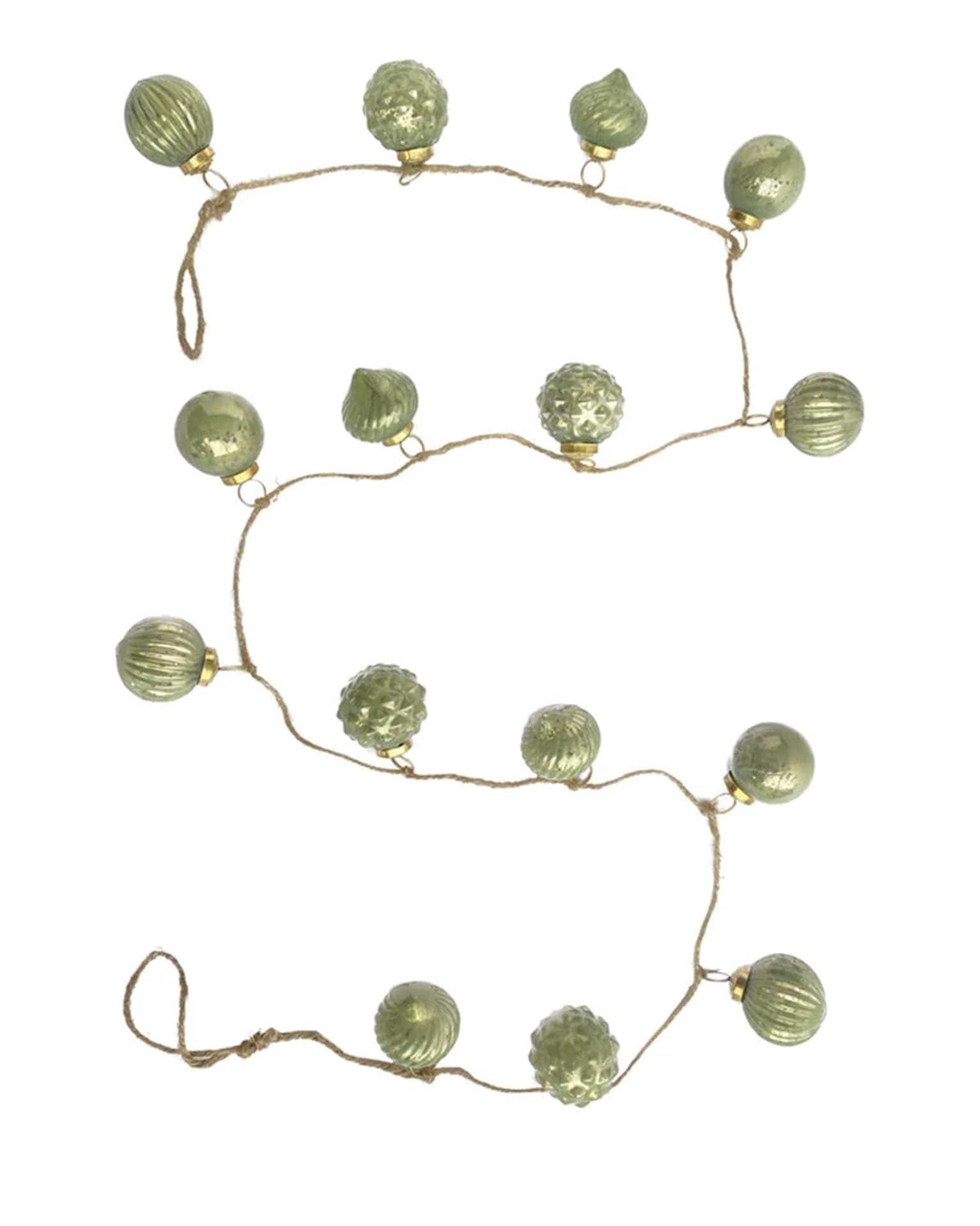 Mercury Glass 2in Ornament Garland, Olive Green on Jute