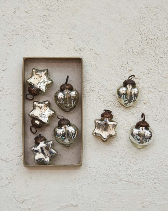 creativeco-op HOME Glass Heart & Star Ornaments, Silver, S/8